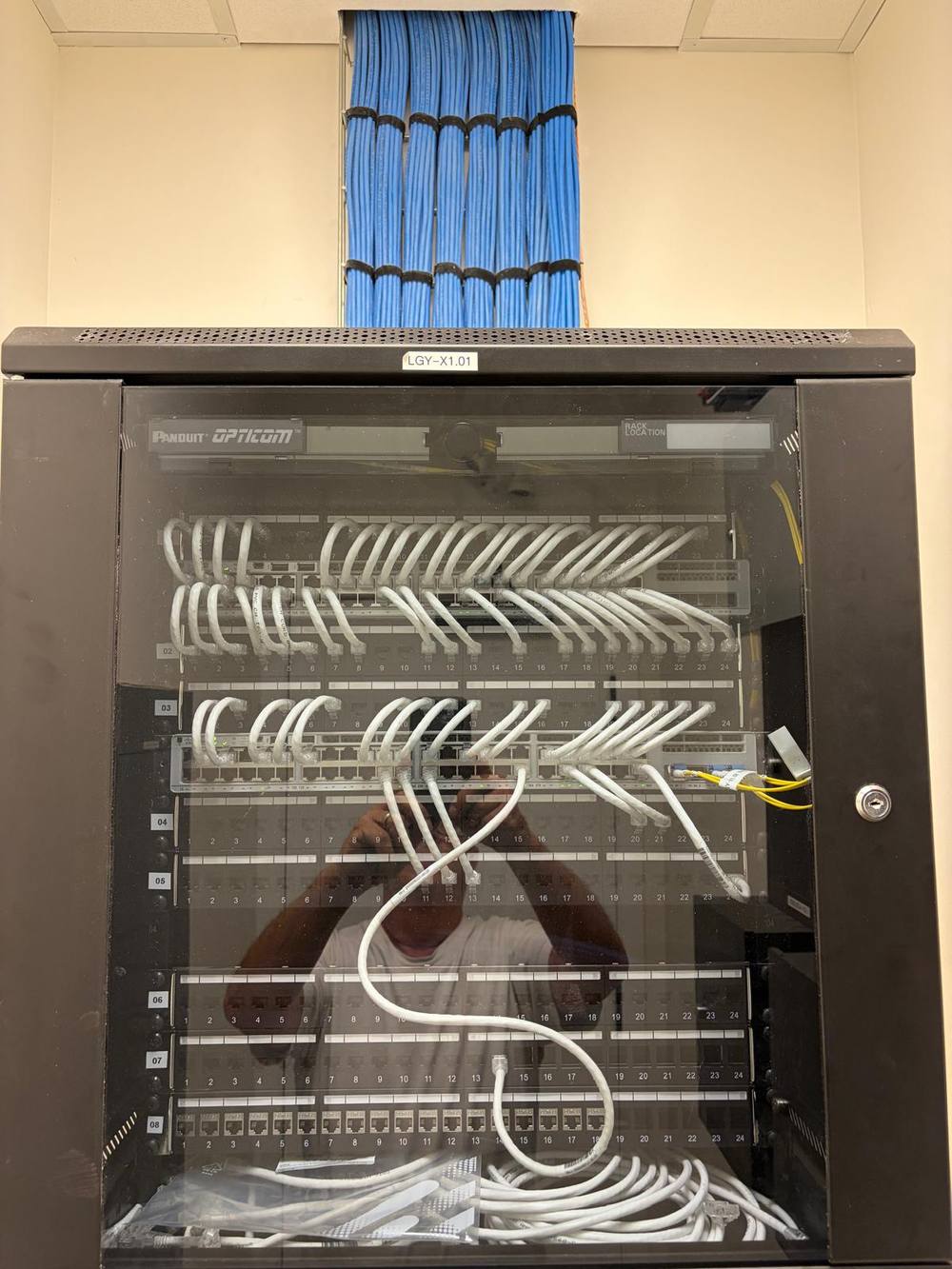 Network rack with Panduit patch panels and dressed Cat6 cabling